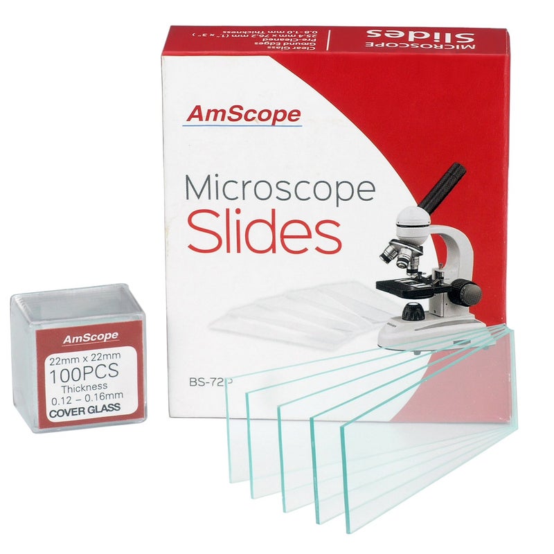 AmScope 72 Pre-Cleaned Blank Microscope Slides and 100 22x22mm Square Cover Glass - Image 1